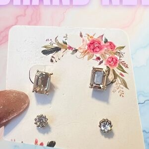 Gold Tone Stud Earring Set | Crystal & Rectangle Studs | NWT